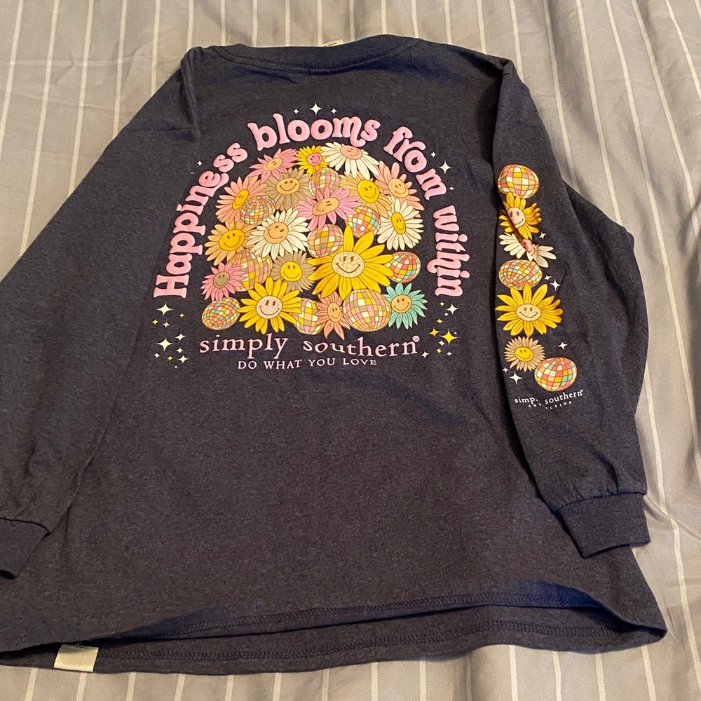 Simply Southern Kids Long Sleeve Shirt - Dark Gray with Floral and Smiley Design